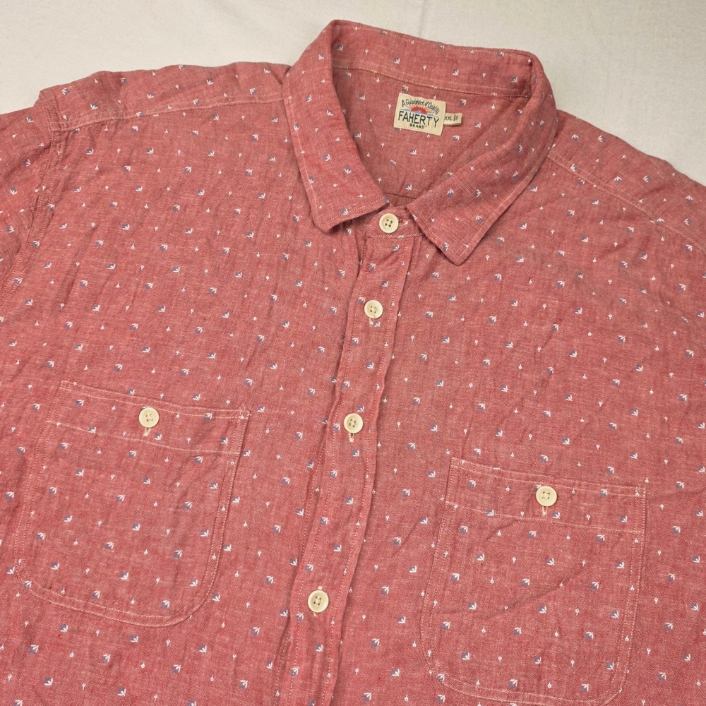 Faherty Button Down Shirt Mens XXL Red Linen Blend Short Sleeve Micro Print